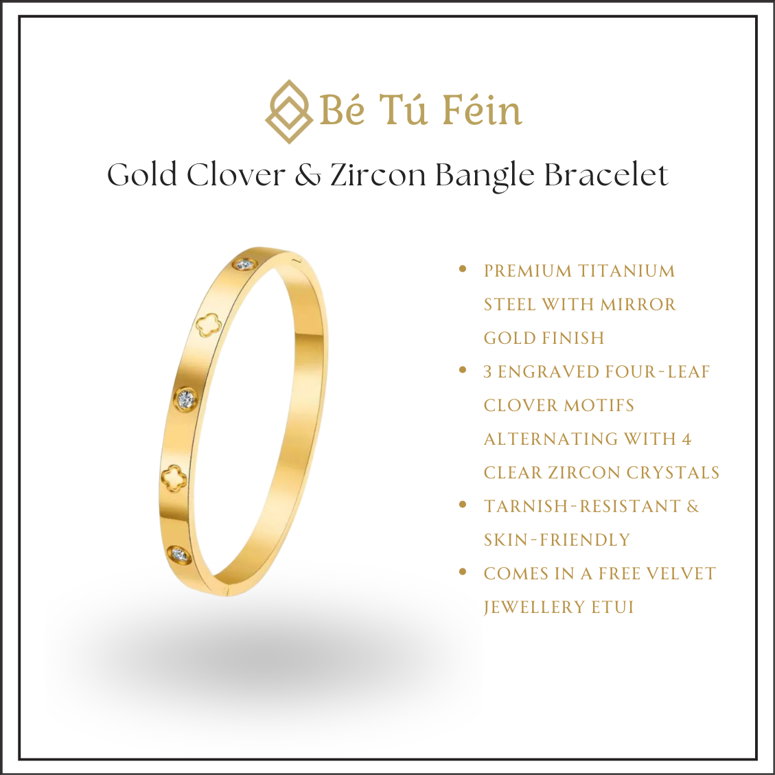 Gold Clover & Zircon Bangle Bracelet