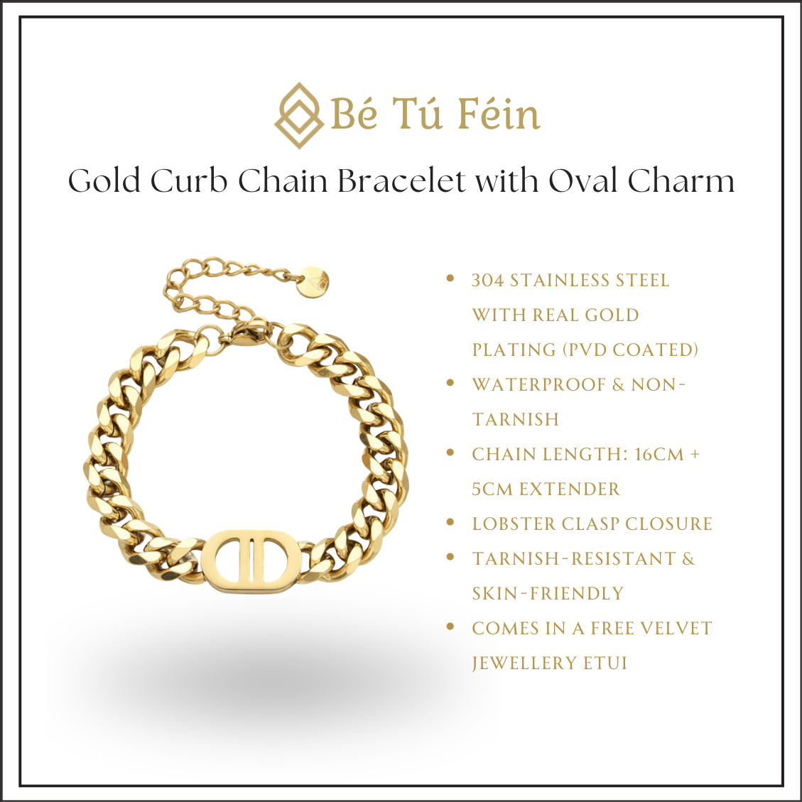 Gold Curb Chain Bracelet with Oval Charm