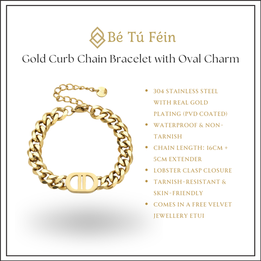 Gold Curb Chain Bracelet with Oval Charm