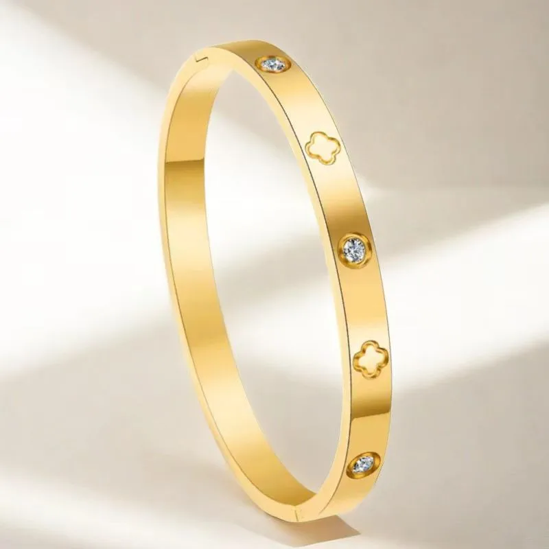 Gold Clover & Zircon Bangle Bracelet