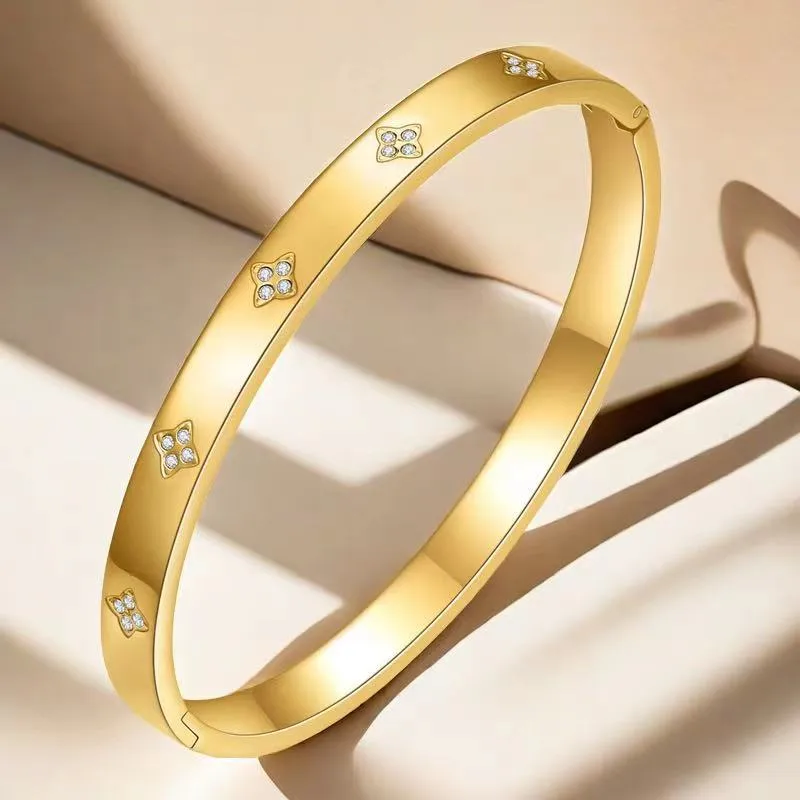 Gold Zircon Flower Bangle Bracelet